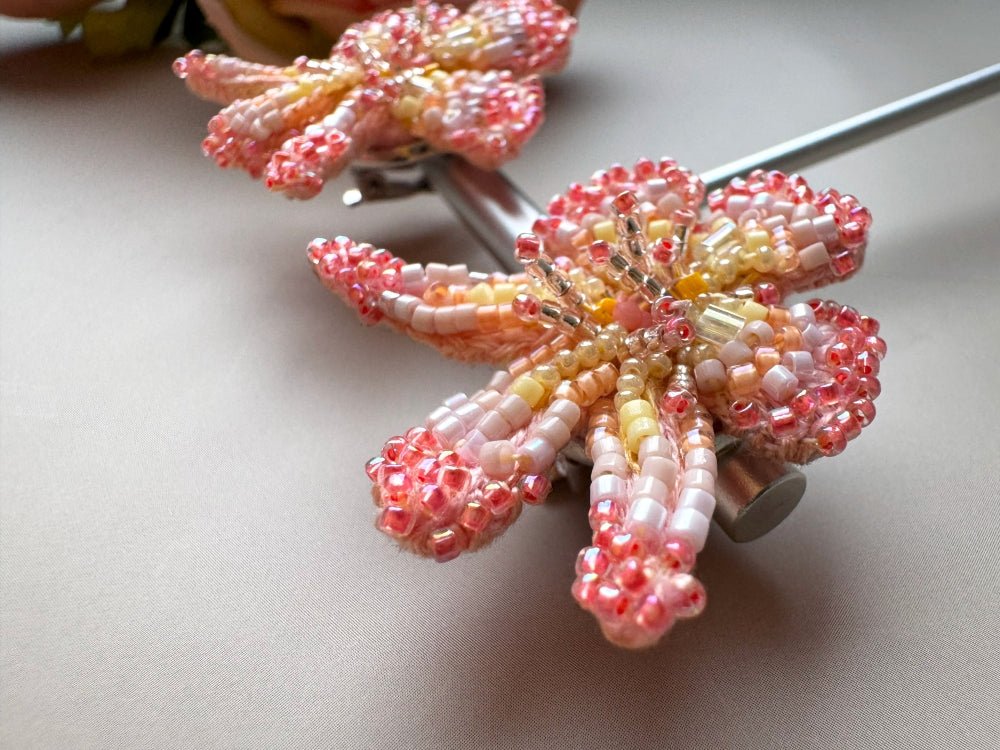 Exclusive handmade sculpturally beaded orchid clip-on earrings in coral tones - Ornamentico shop