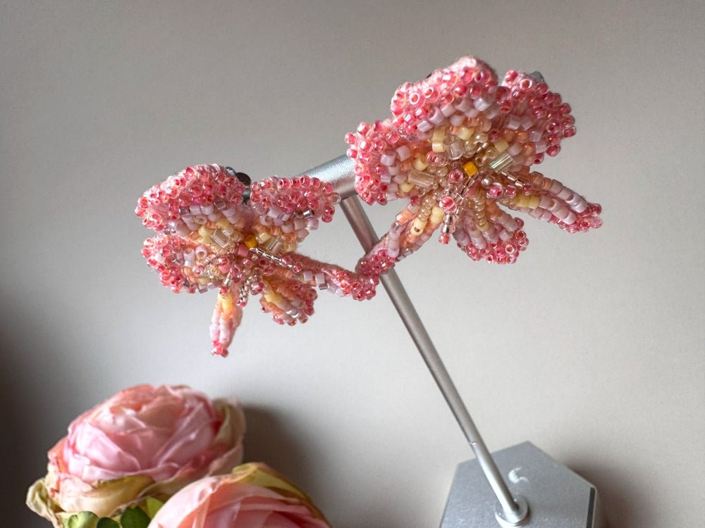 Exclusive handmade sculpturally beaded orchid clip-on earrings in coral tones - Ornamentico shop