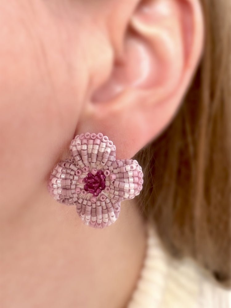 Handmade floral stud earrings is crafted in pink hues from Japanese glass beads using a sculptural technique, inspired by the geometric elegance of a rosette - Ornamentico shop