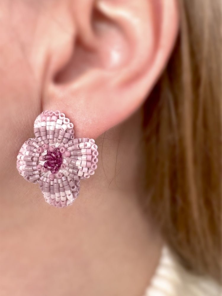 Handmade floral stud earrings is crafted in pink hues from Japanese glass beads using a sculptural technique, inspired by the geometric elegance of a rosette - Ornamentico shop
