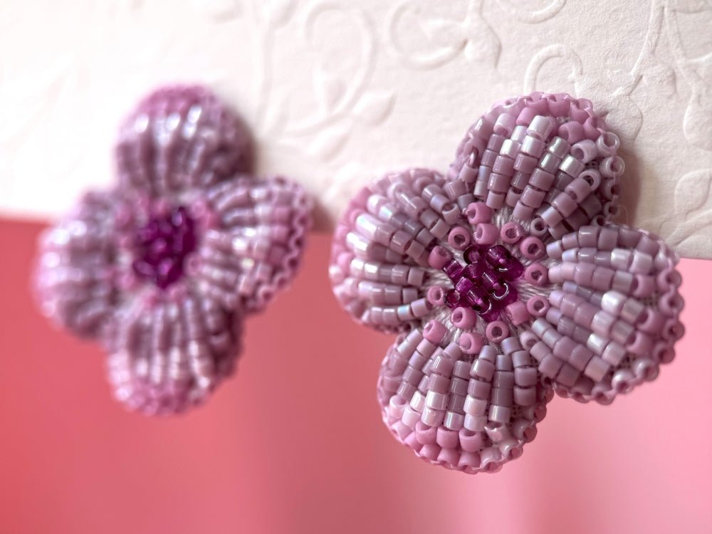 Handmade floral stud earrings is crafted in pink hues from Japanese glass beads using a sculptural technique, inspired by the geometric elegance of a rosette - Ornamentico shop