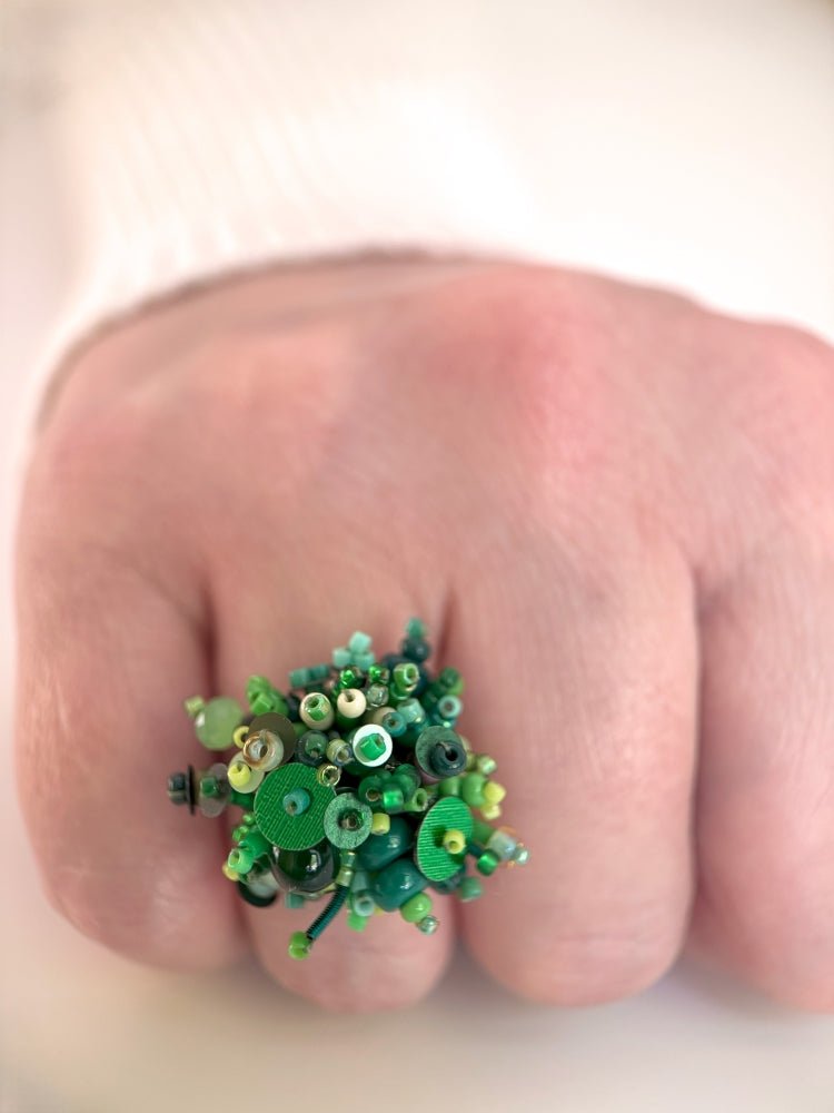 Handmade volume-beaded statement ring with floral design in a variety of green hues - Ornamentico shop