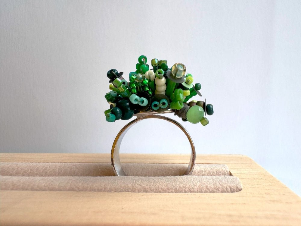 Handmade volume-beaded statement ring with floral design in a variety of green hues - Ornamentico shop