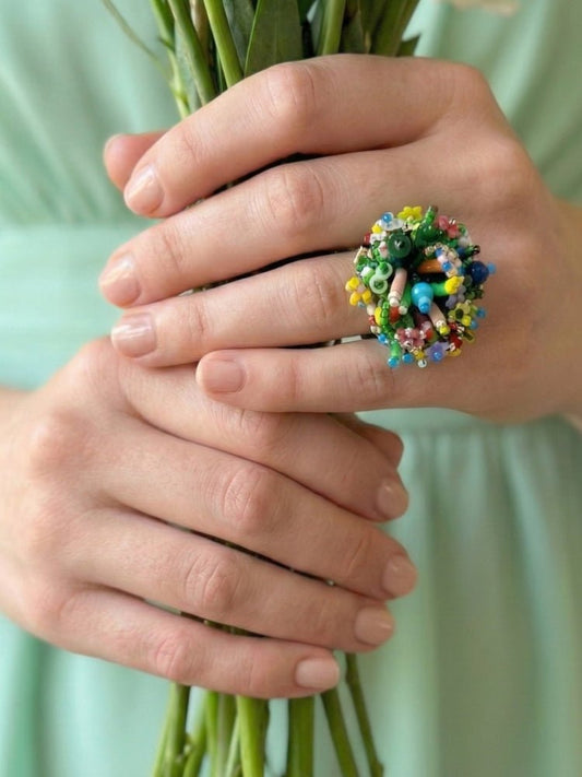 Handmade statement beaded ring with volume beadwork in floral green and multicolor tones - Ornamentico shop
