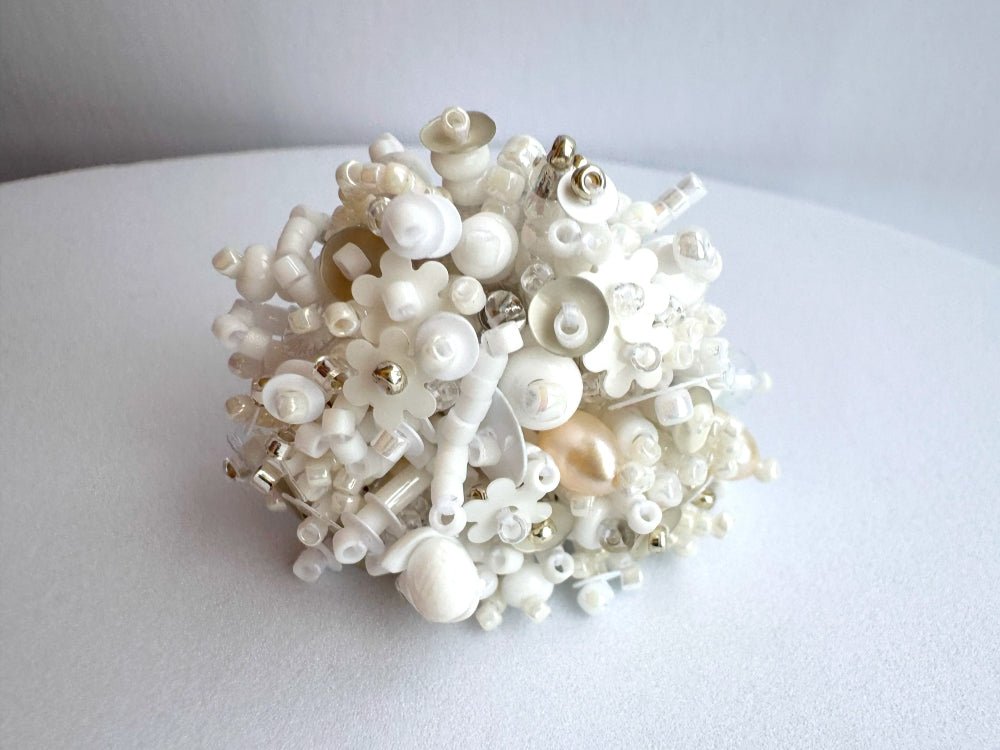 Handmade volume-beaded statement ring with floral design in white hues - Ornamentico shop