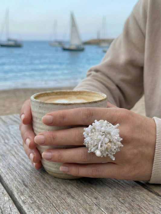Handmade volume-beaded statement ring with floral design in white hues - Ornamentico shop