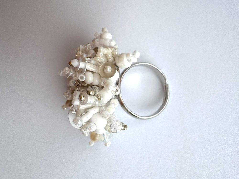 Handmade volume-beaded statement ring with floral design in white hues - Ornamentico shop