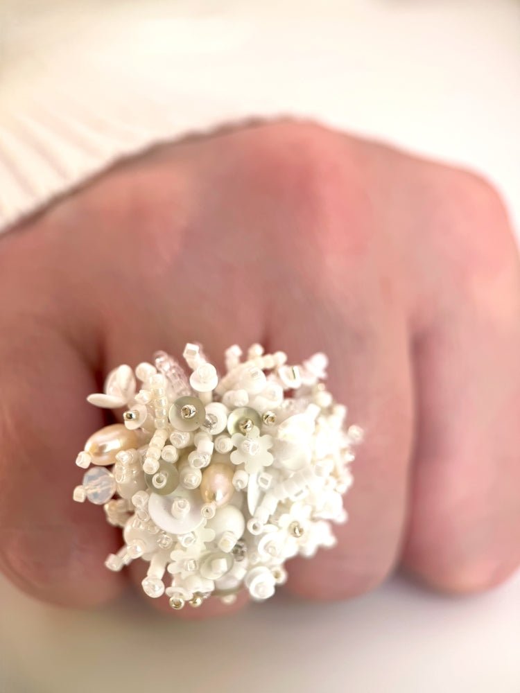 Handmade volume-beaded statement ring with floral design in white hues - Ornamentico shop