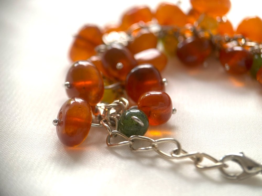 Handmade bracelet from amber, nephrite and agate stones "Golden harvest" - Ornamentico shop