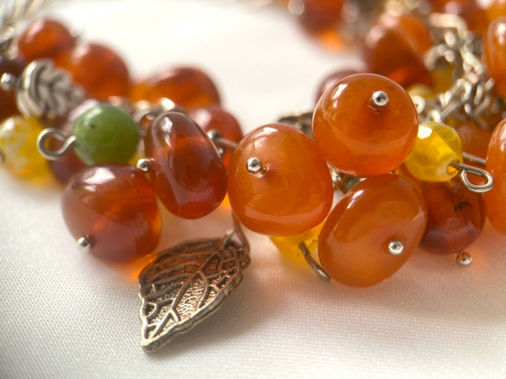 Handmade bracelet from amber, nephrite and agate stones "Golden harvest" - Ornamentico shop