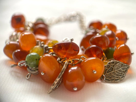 Handmade bracelet from amber, nephrite and agate stones "Golden harvest" - Ornamentico shop