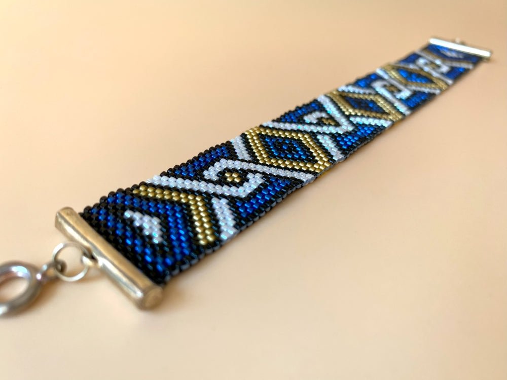 Handmade bracelet from beads Miyuki is crafted using Peyote technique in geometrical motif - Ornamentico shop