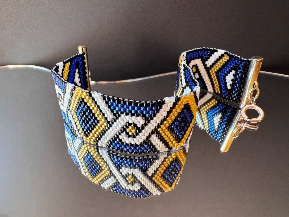 Handmade bracelet from beads Miyuki is crafted using Peyote technique in geometrical motif - Ornamentico shop