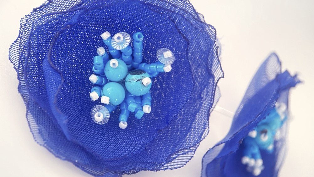 Handmade floral stud earrings crafted from organza fabric, turquoise stones and Japanese glass beads