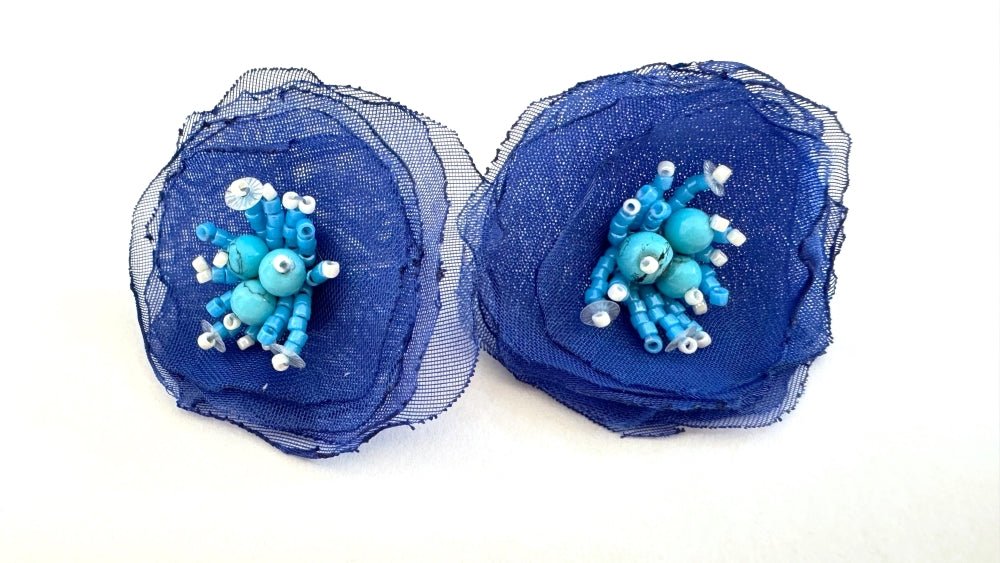 Handmade floral stud earrings crafted from organza fabric, turquoise stones and Japanese glass beads