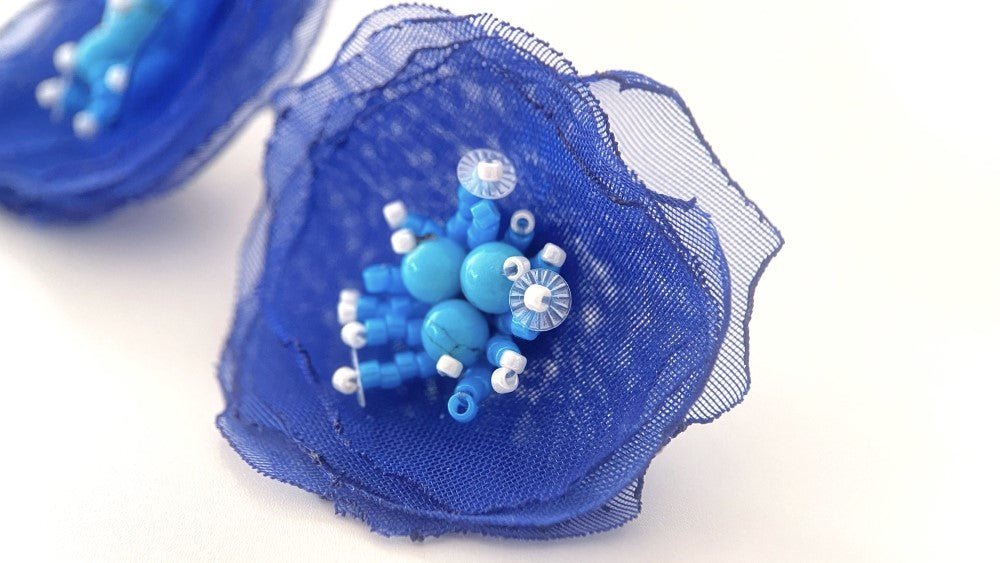 Handmade floral stud earrings crafted from organza fabric, turquoise stones and Japanese glass beads