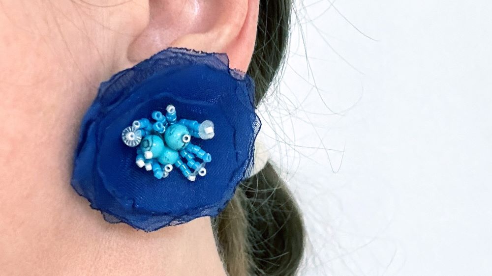 Handmade floral stud earrings crafted from organza fabric, turquoise stones and Japanese glass beads