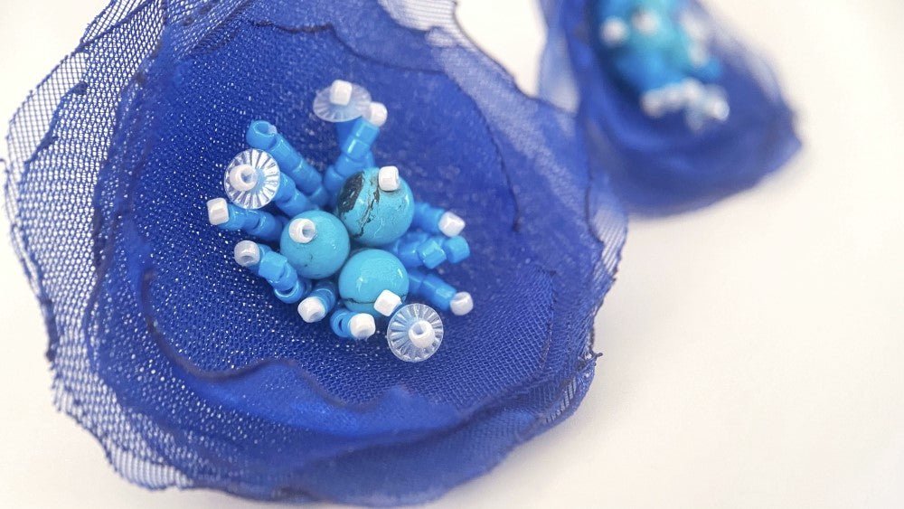 Handmade floral stud earrings crafted from organza fabric, turquoise stones and Japanese glass beads