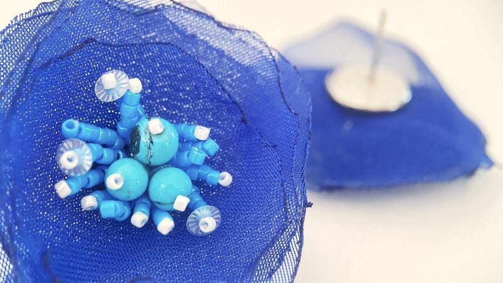 Handmade floral stud earrings crafted from organza fabric, turquoise stones and Japanese glass beads