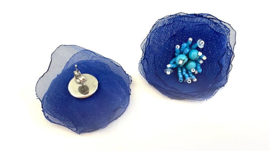 Handmade floral stud earrings crafted from organza fabric, turquoise stones and Japanese glass beads