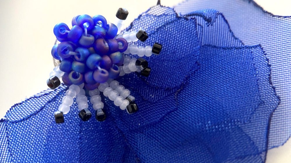 Handmade floral stud earrings in the shape of anemone flowers made from organza fabric and beads