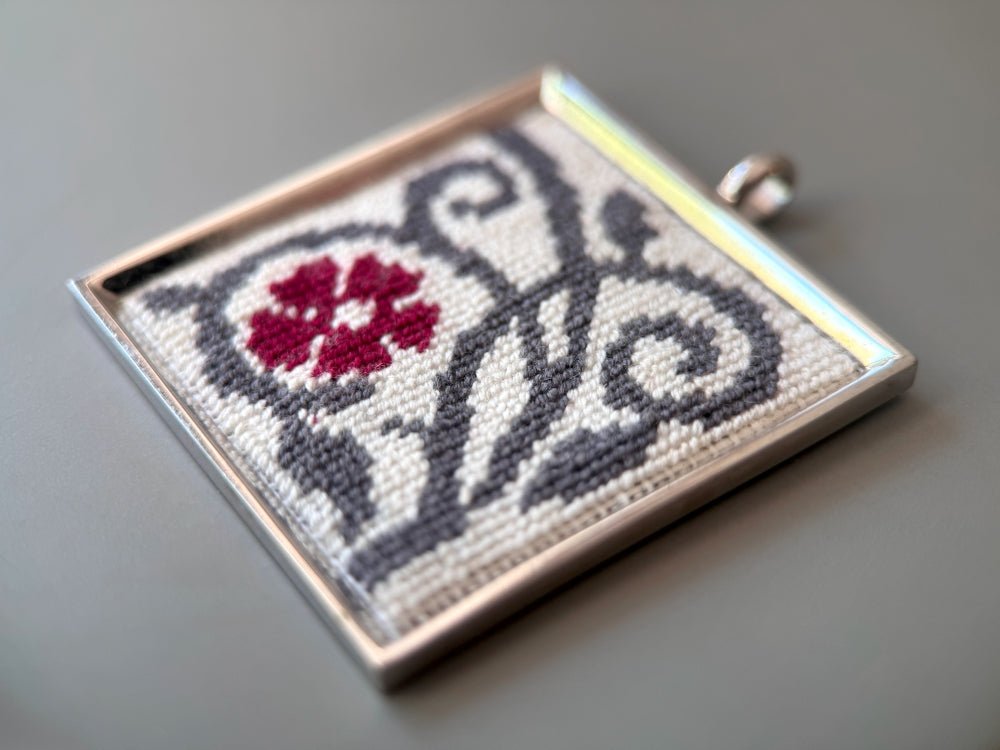 Unique hand embroidered pendant inspired by Barcelona tiles, set in custom silver frame - Ornamentico shop