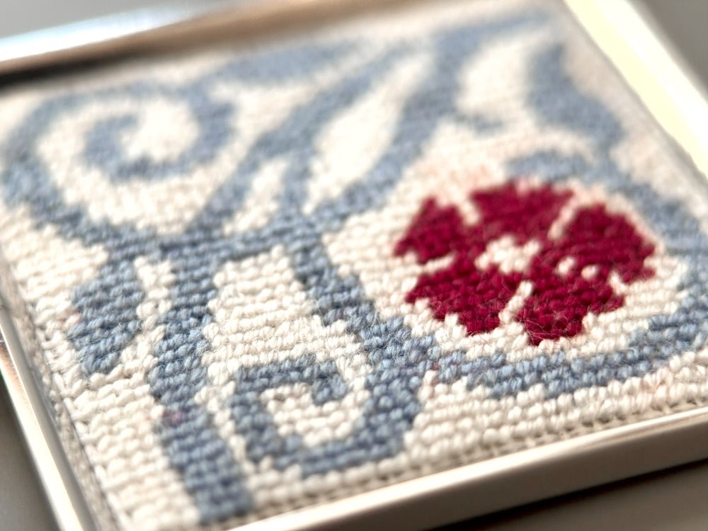 Unique hand embroidered pendant inspired by Barcelona tiles, set in custom silver frame - Ornamentico shop