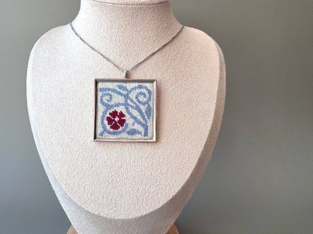 Unique hand embroidered pendant inspired by Barcelona tiles, set in custom silver frame - Ornamentico shop