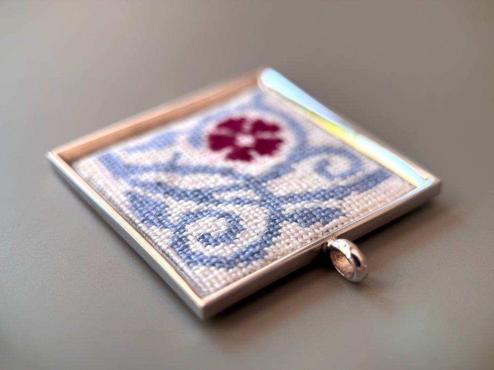 Unique hand embroidered pendant inspired by Barcelona tiles, set in custom silver frame - Ornamentico shop