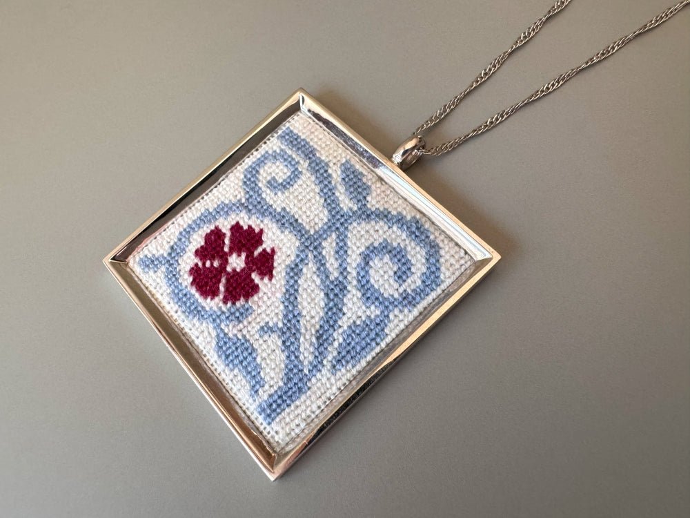 Unique hand embroidered pendant inspired by Barcelona tiles, set in custom silver frame - Ornamentico shop