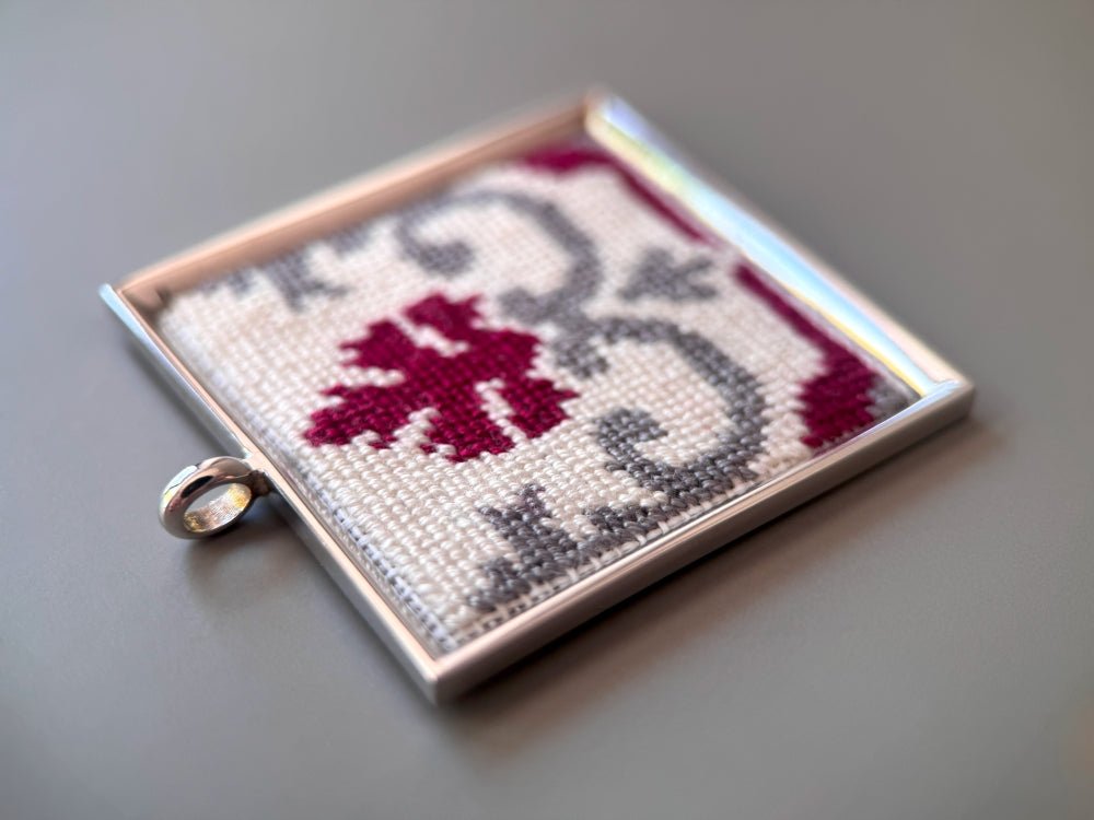 Unique hand embroidered pendant inspired by Barcelona tiles, set in custom silver frame - Ornamentico shop