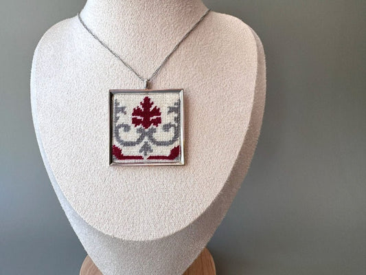 Unique hand embroidered pendant inspired by Barcelona tiles, set in custom silver frame - Ornamentico shop
