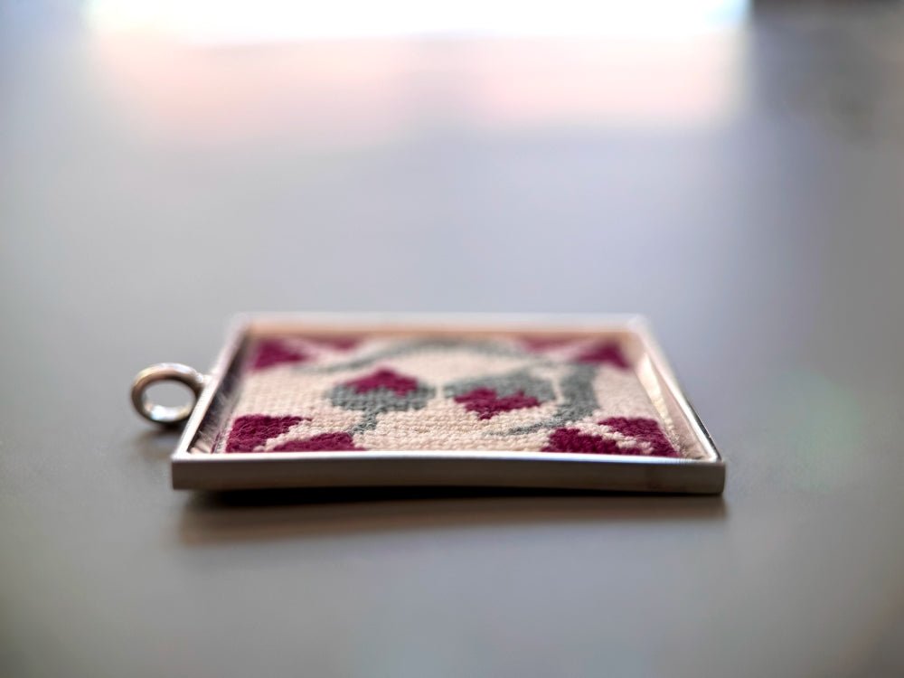Unique hand embroidered pendant inspired by Barcelona tiles, set in custom silver frame - Ornamentico shop