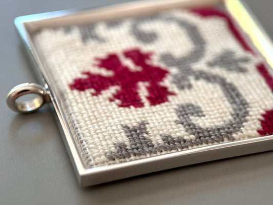 Unique hand embroidered pendant inspired by Barcelona tiles, set in custom silver frame - Ornamentico shop