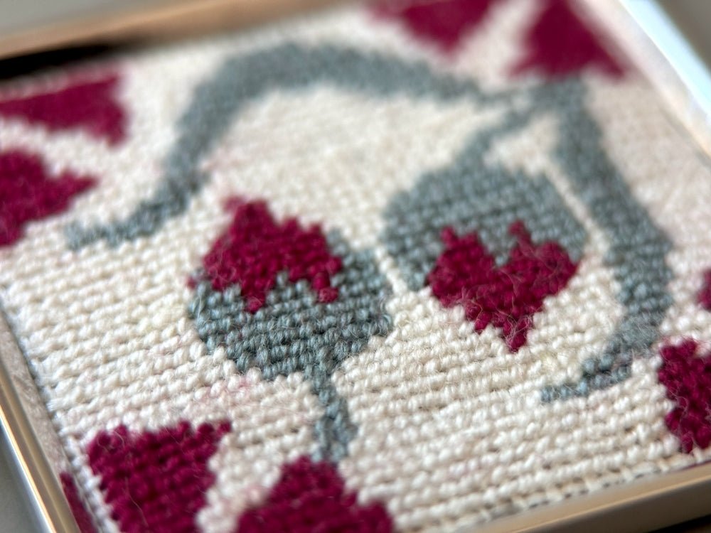 Unique hand embroidered pendant inspired by Barcelona tiles, set in custom silver frame - Ornamentico shop