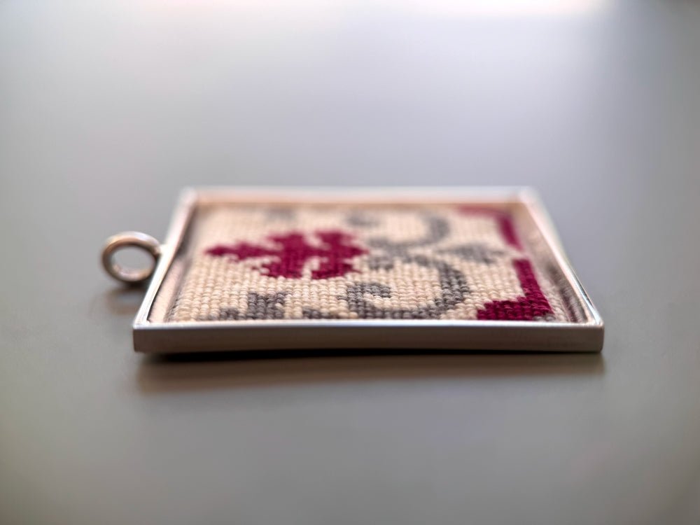 Unique hand embroidered pendant inspired by Barcelona tiles, set in custom silver frame - Ornamentico shop