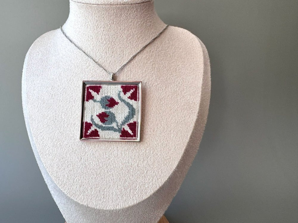 Unique hand embroidered pendant inspired by Barcelona tiles, set in custom silver frame - Ornamentico shop