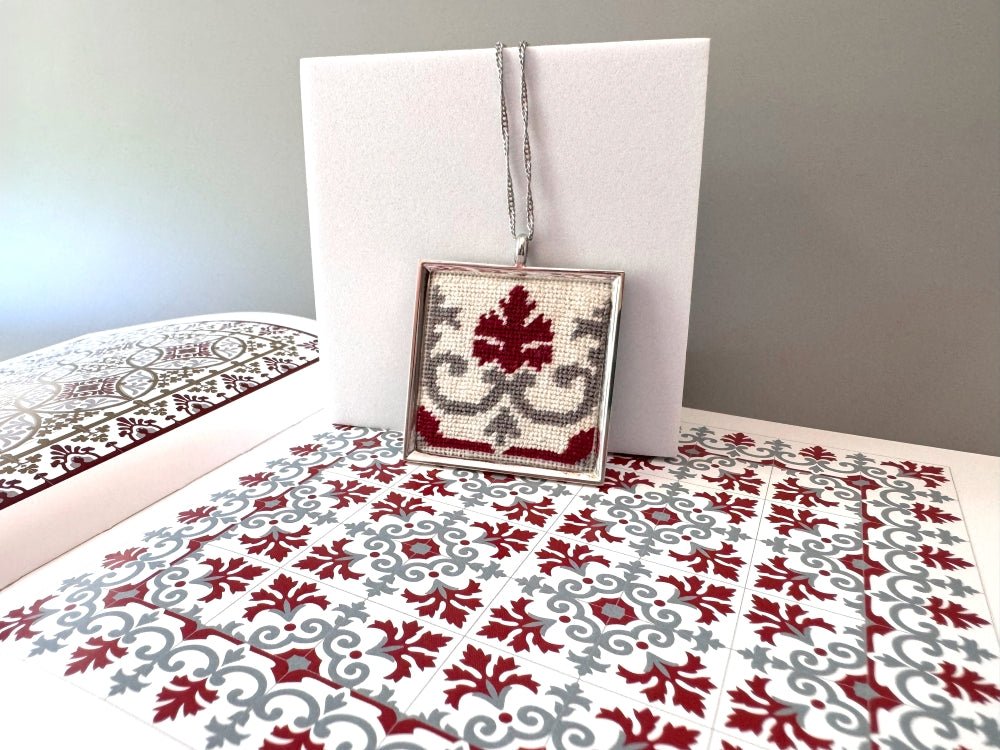 Unique hand embroidered pendant inspired by Barcelona tiles, set in custom silver frame - Ornamentico shop