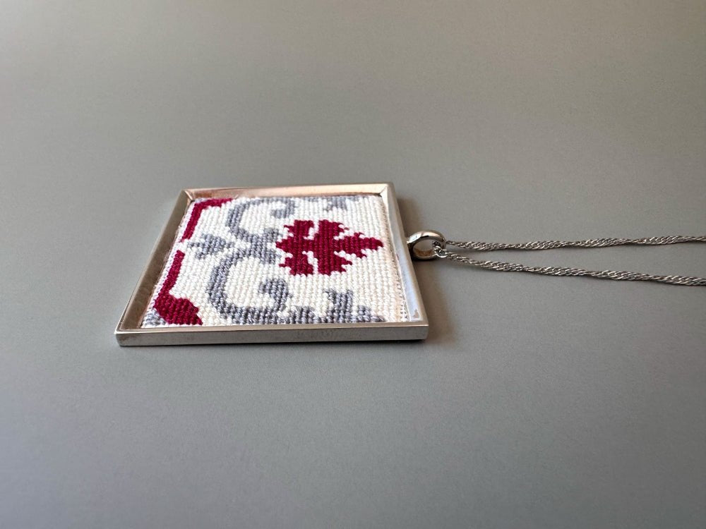 Unique hand embroidered pendant inspired by Barcelona tiles, set in custom silver frame - Ornamentico shop