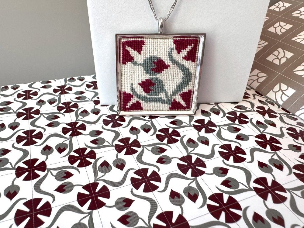 Unique hand embroidered pendant inspired by Barcelona tiles, set in custom silver frame - Ornamentico shop
