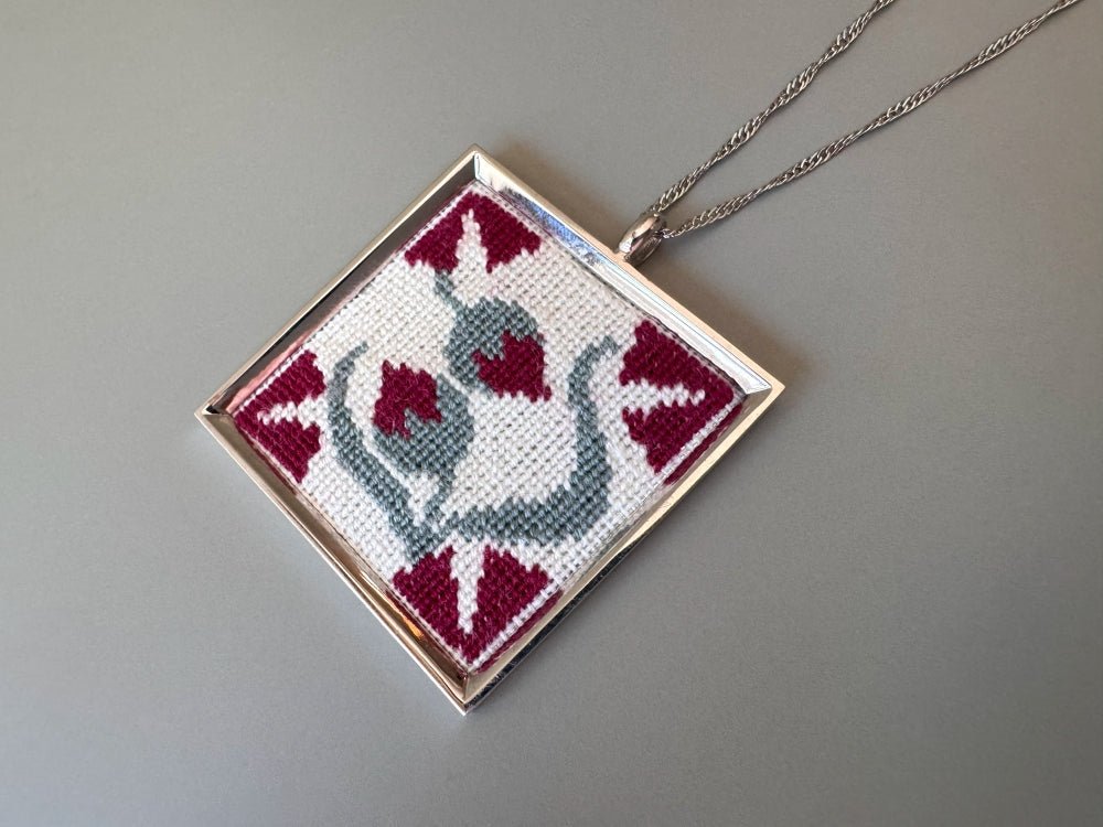 Unique hand embroidered pendant inspired by Barcelona tiles, set in custom silver frame - Ornamentico shop