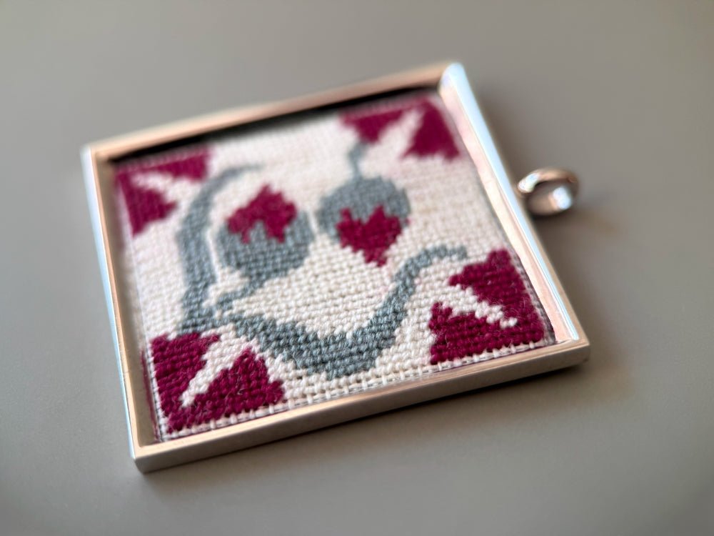Unique hand embroidered pendant inspired by Barcelona tiles, set in custom silver frame - Ornamentico shop