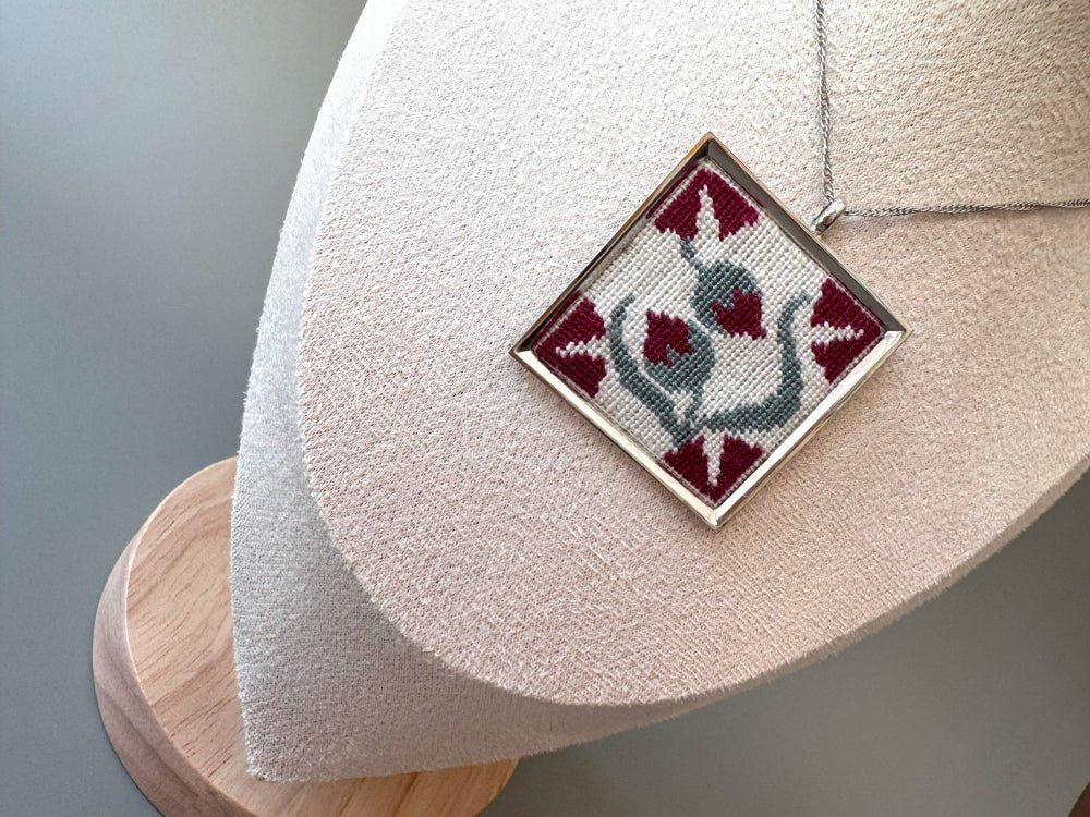 Unique hand embroidered pendant inspired by Barcelona tiles, set in custom silver frame - Ornamentico shop
