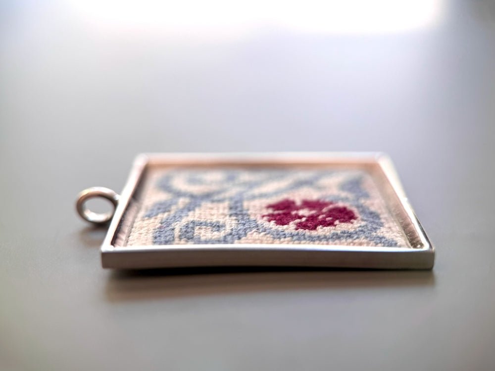 Unique hand embroidered pendant inspired by Barcelona tiles, set in custom silver frame - Ornamentico shop