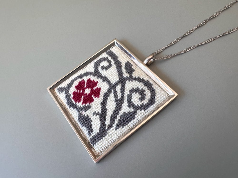 Unique hand embroidered pendant inspired by Barcelona tiles, set in custom silver frame - Ornamentico shop