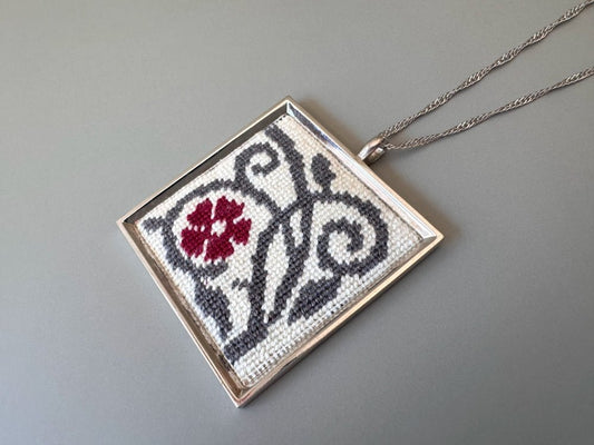 Unique hand embroidered pendant inspired by Barcelona tiles, set in custom silver frame - Ornamentico shop