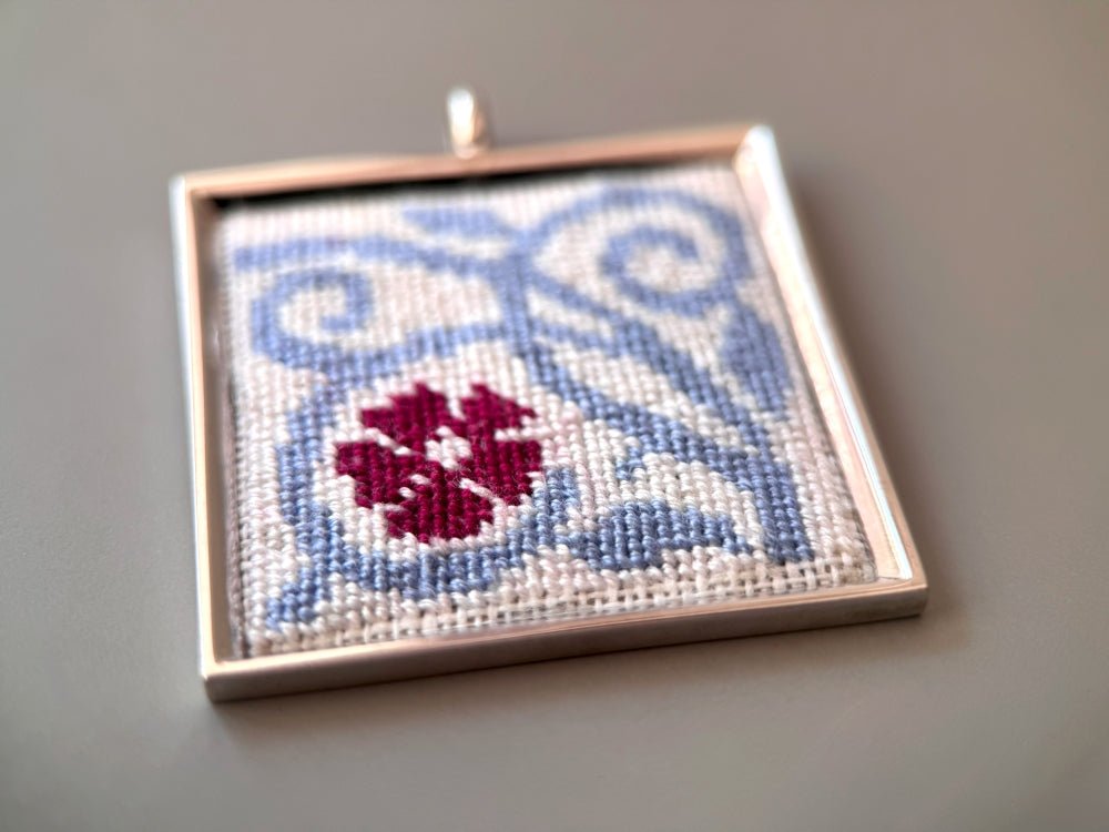 Unique hand embroidered pendant inspired by Barcelona tiles, set in custom silver frame - Ornamentico shop