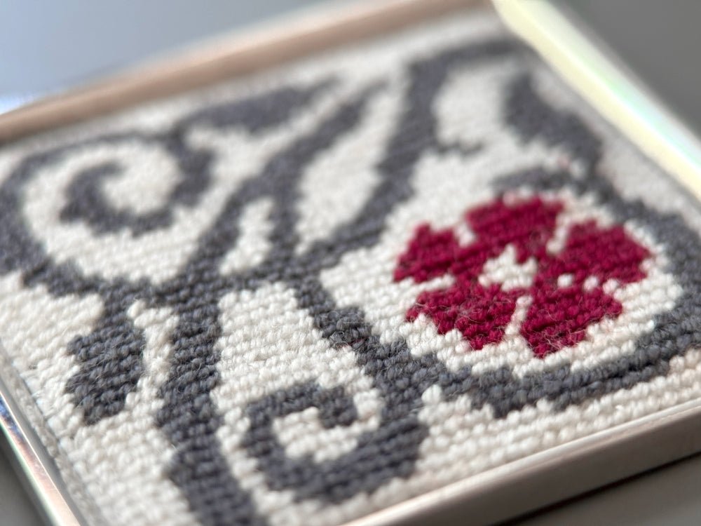 Unique hand embroidered pendant inspired by Barcelona tiles, set in custom silver frame - Ornamentico shop