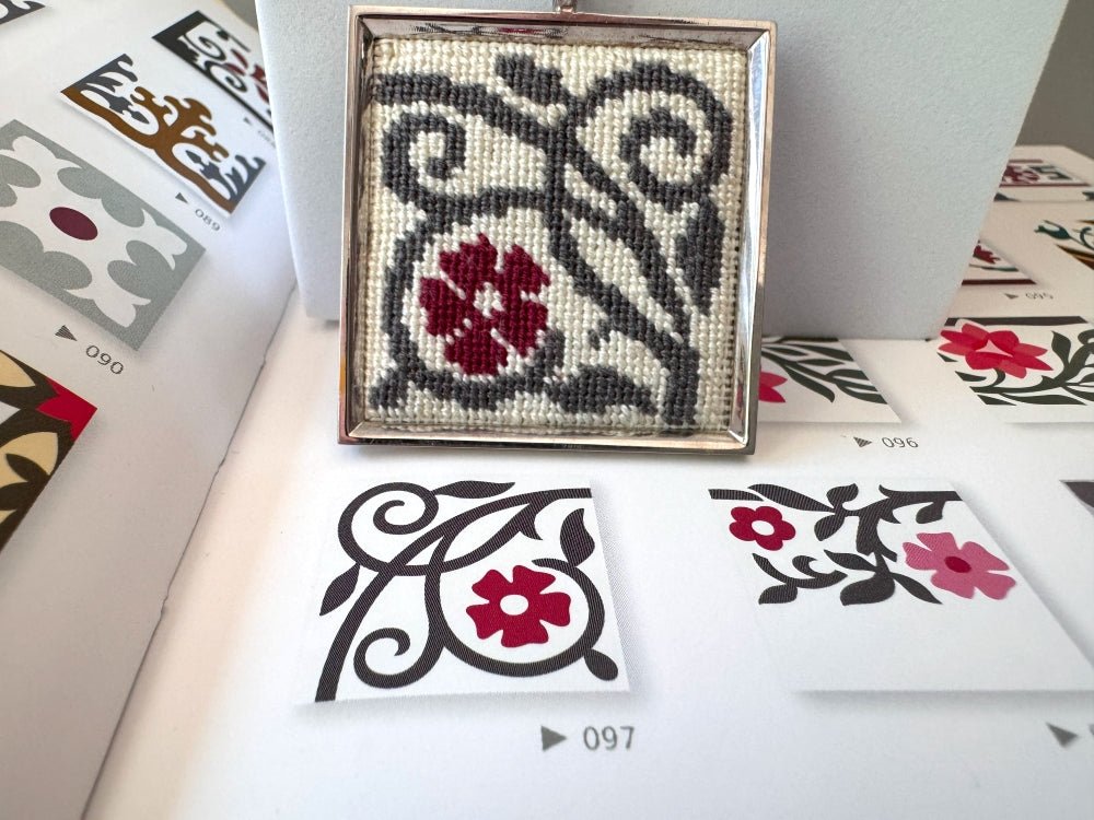 Unique hand embroidered pendant inspired by Barcelona tiles, set in custom silver frame - Ornamentico shop