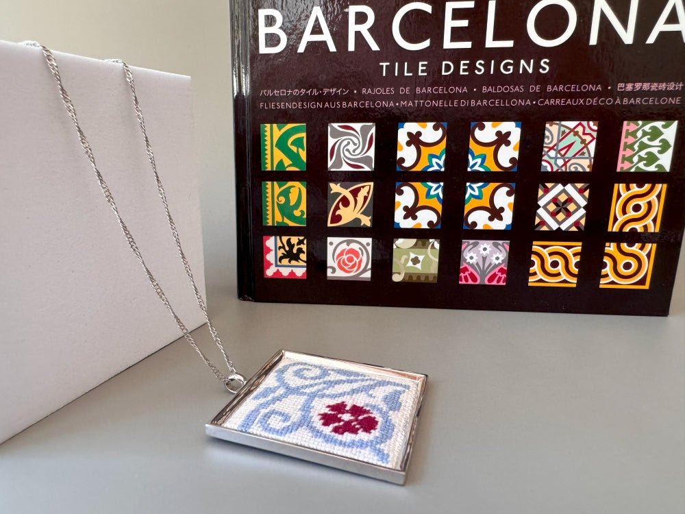 Unique hand embroidered pendant inspired by Barcelona tiles, set in custom silver frame - Ornamentico shop